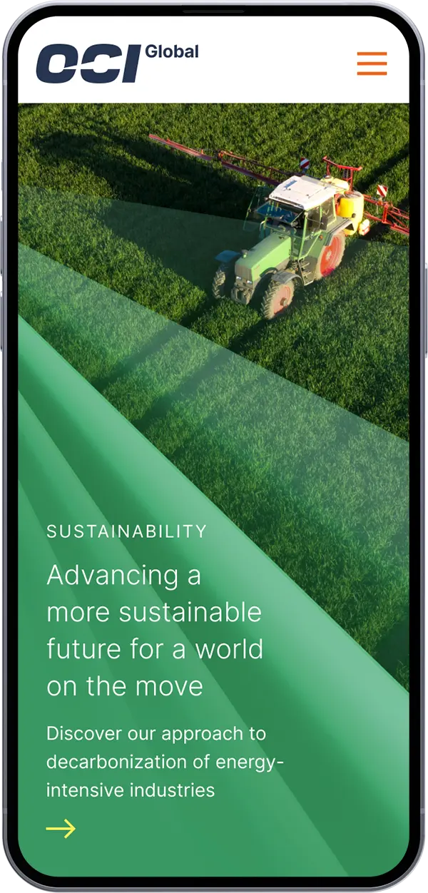 OCI Global homepage sustainability section on a mobile phone