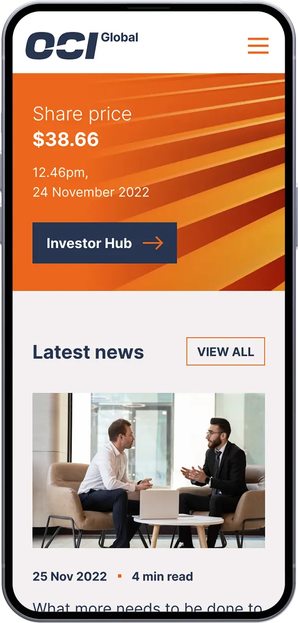OCI Global share price section on a mobile phone