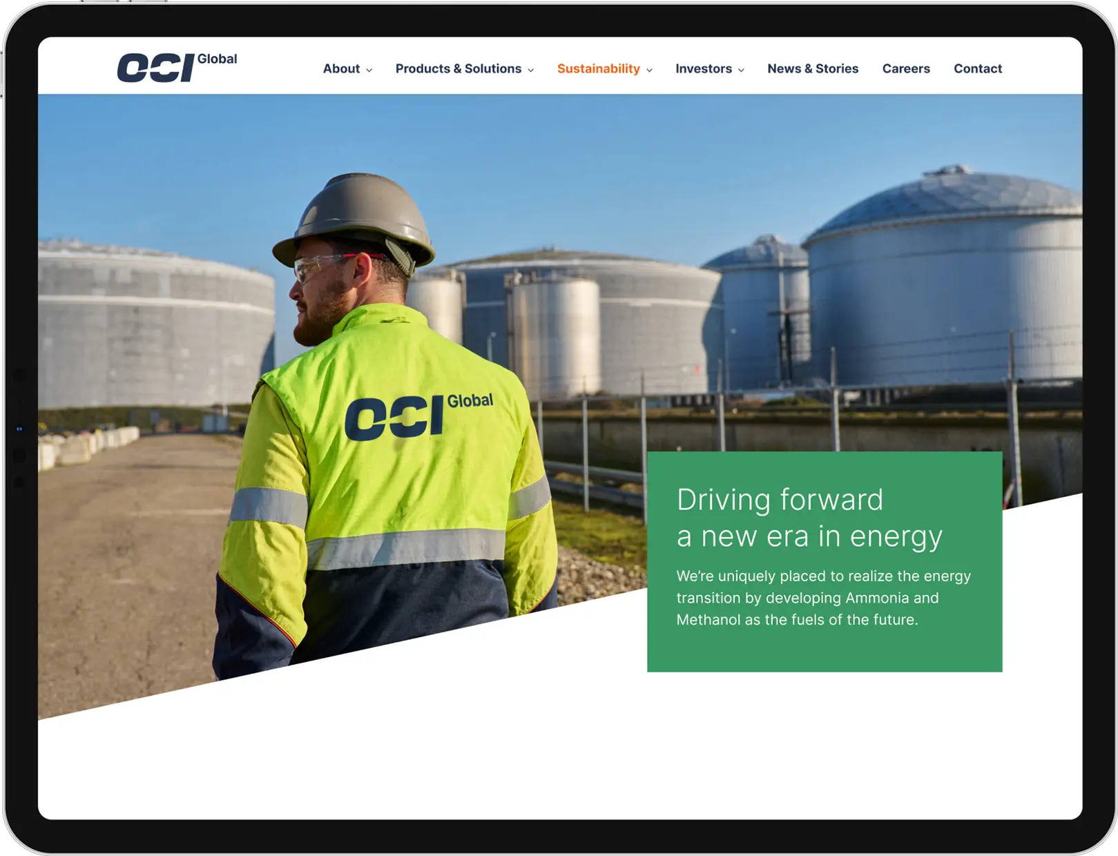 OCI Global driving forwards section on a tablet in landscape mode