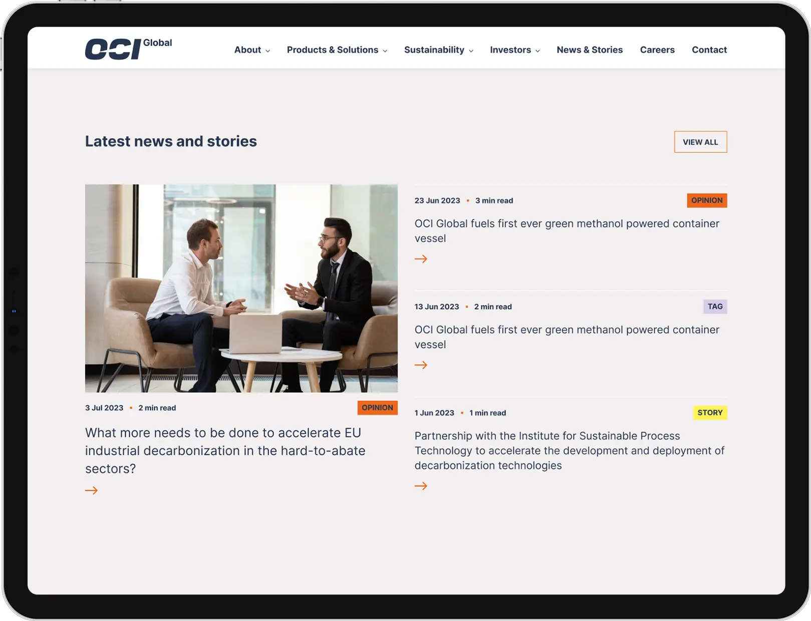 OCI Global latest news section on a tablet in landscape mode