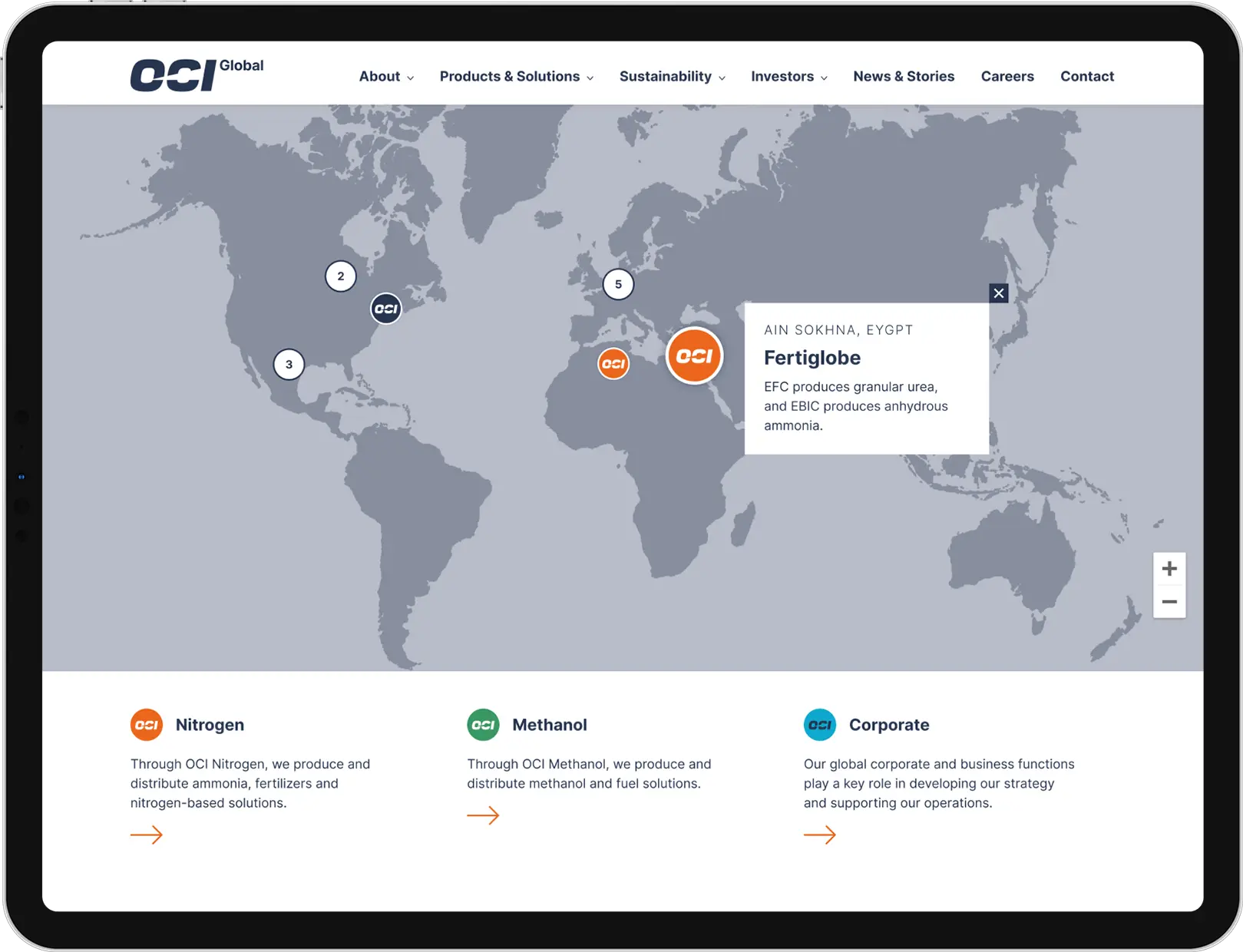 OCI Global interactive map on a tablet in landscape mode