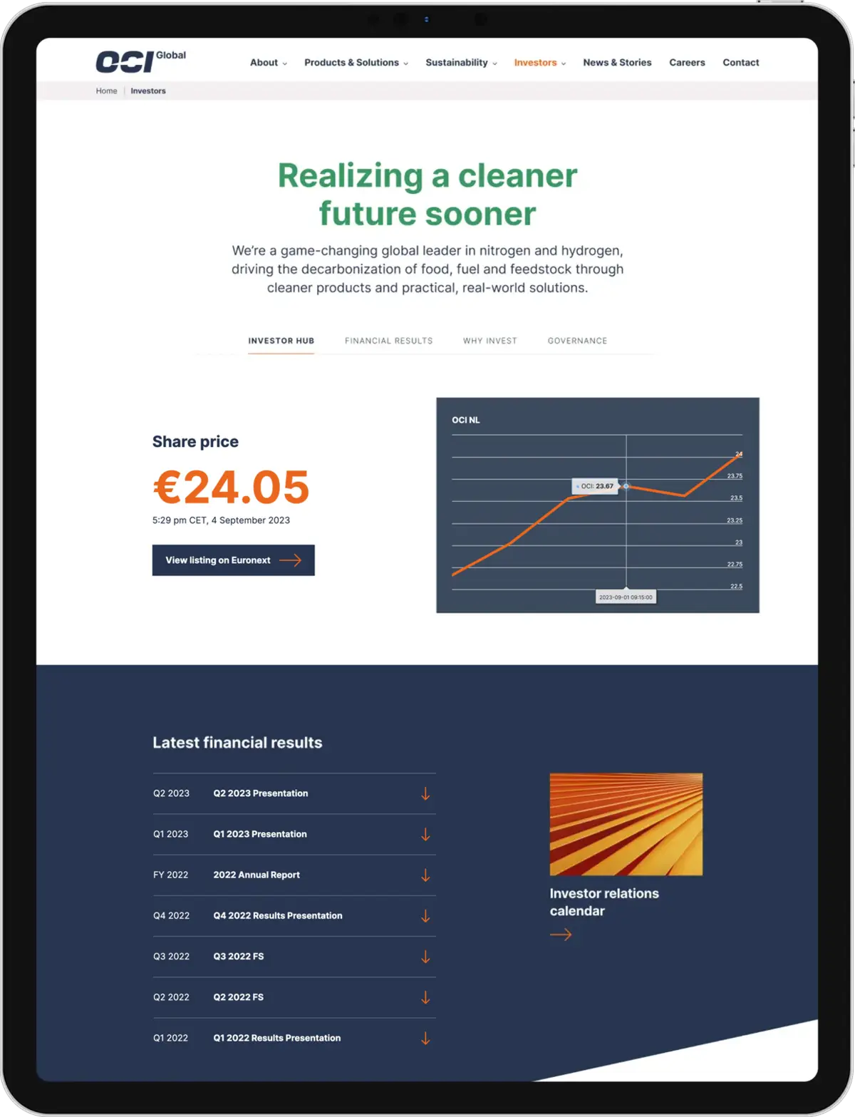 OCI Global investors page on a tablet in portrait mode