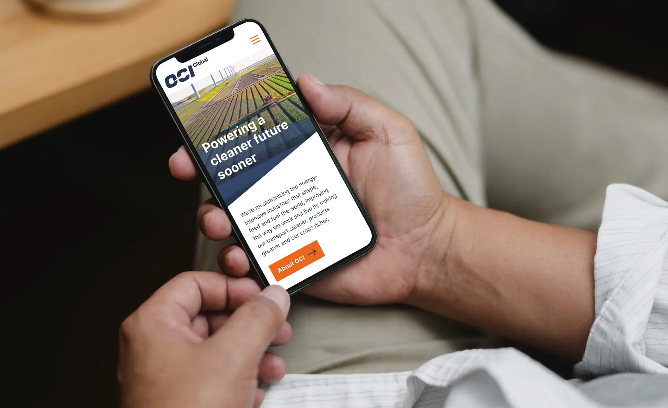OCI Global homepage being viewd on a mobile device
