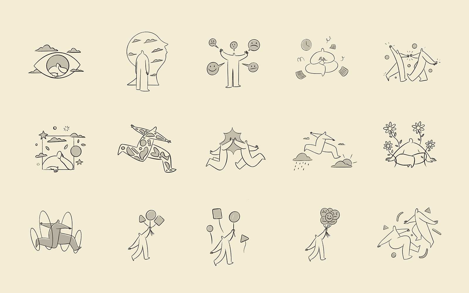 Grid of Symbio illustration sketches