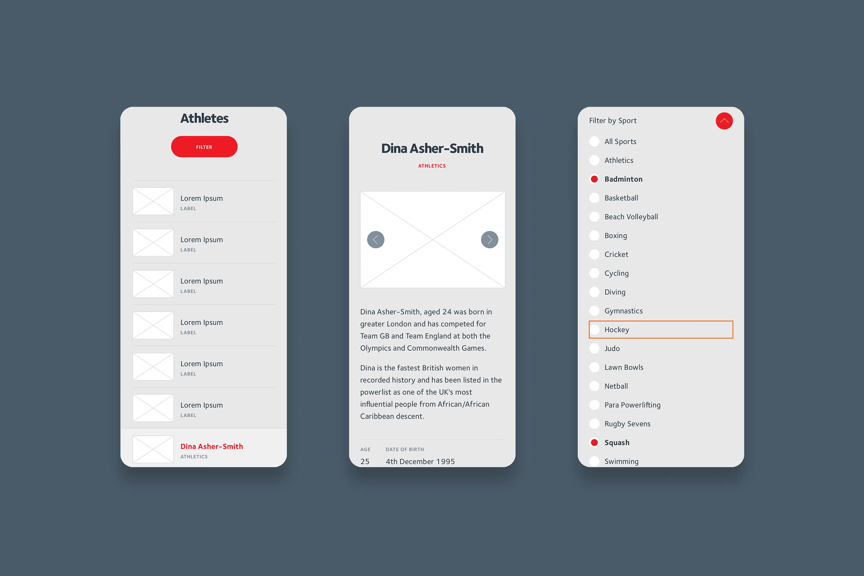 Commonwealth Games Team England Hub wireframes