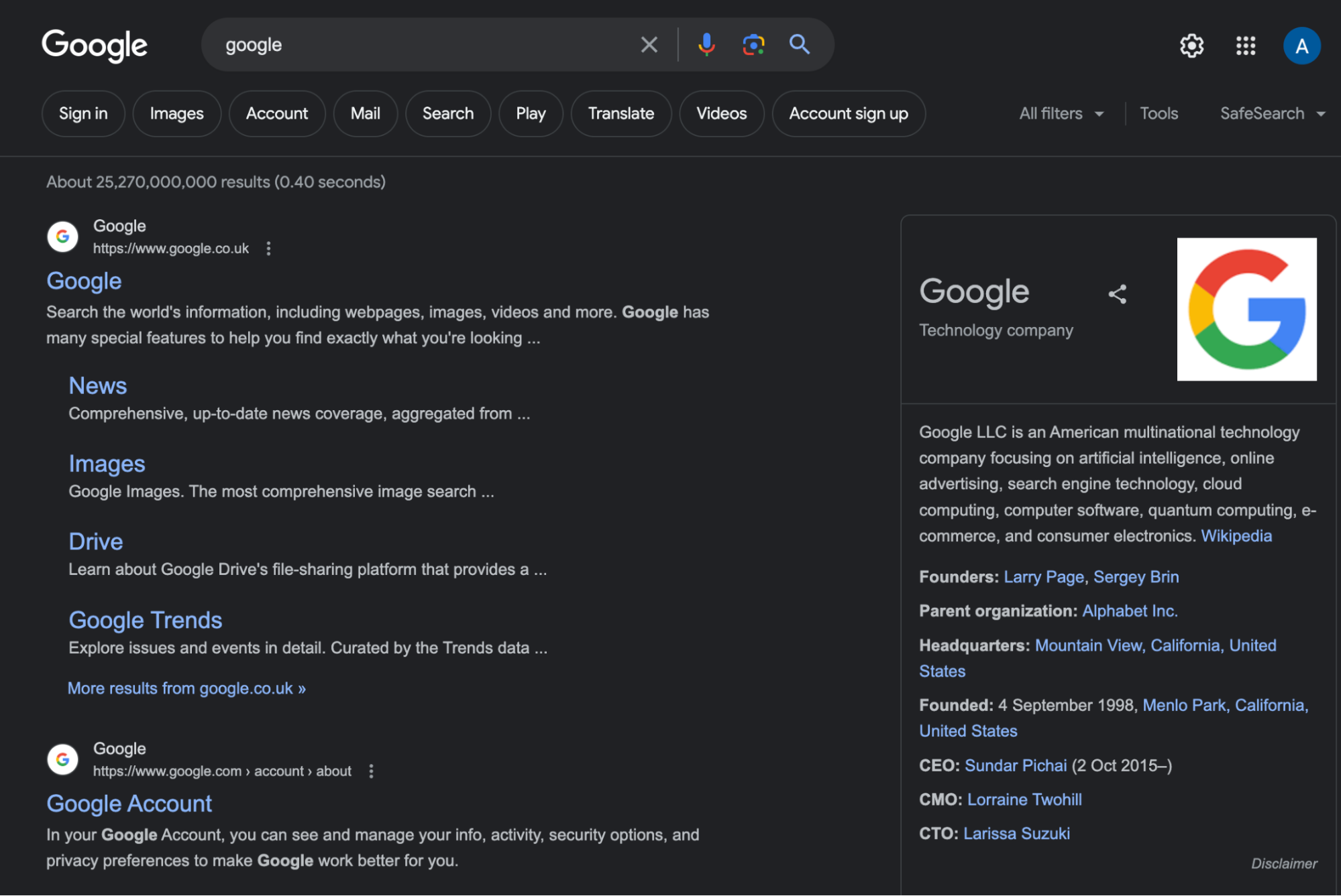 Google search result example